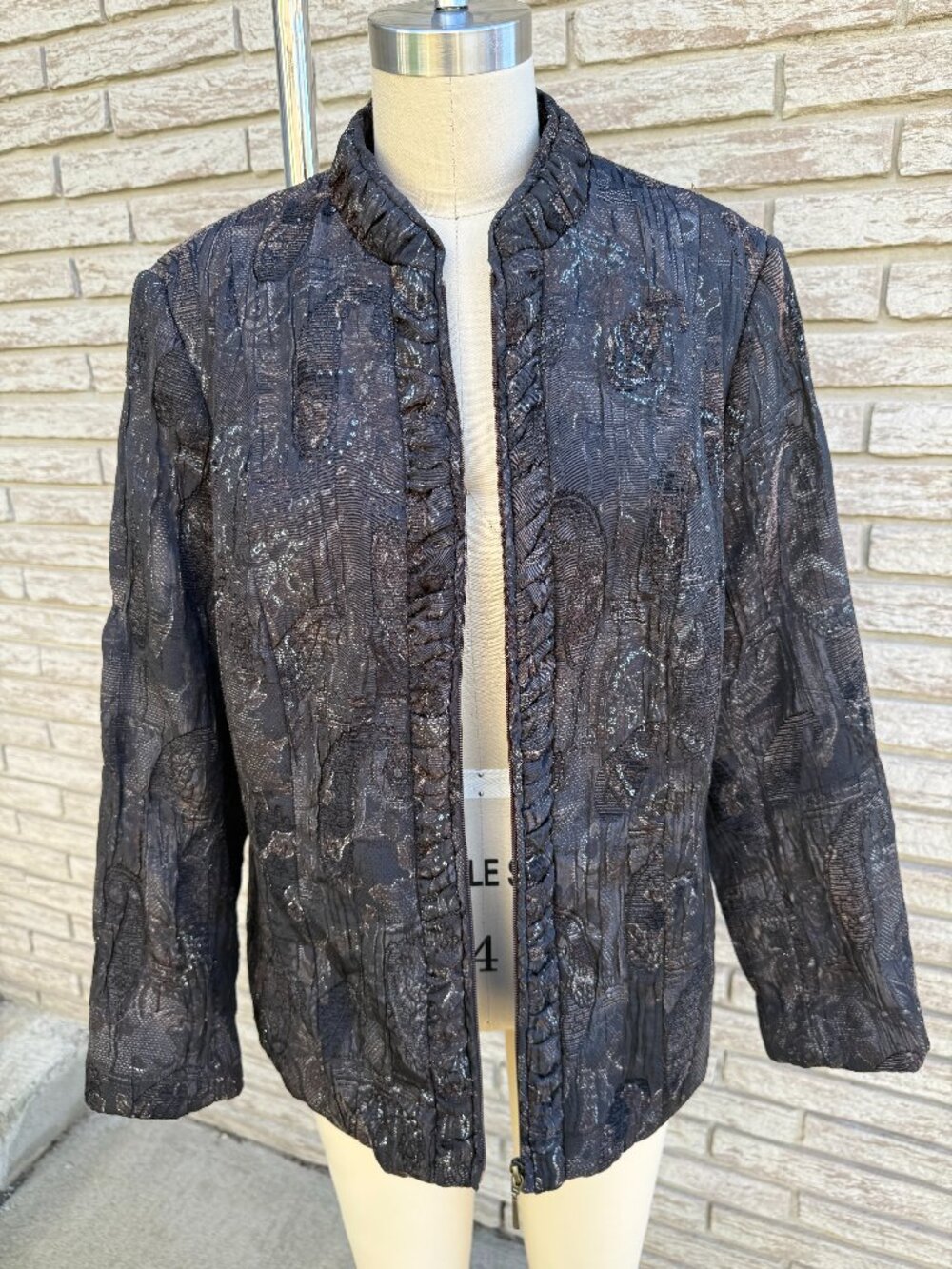 Nygard Metallic Jacquard Brocade Ruffle Trim Full Zip Evening Jacket